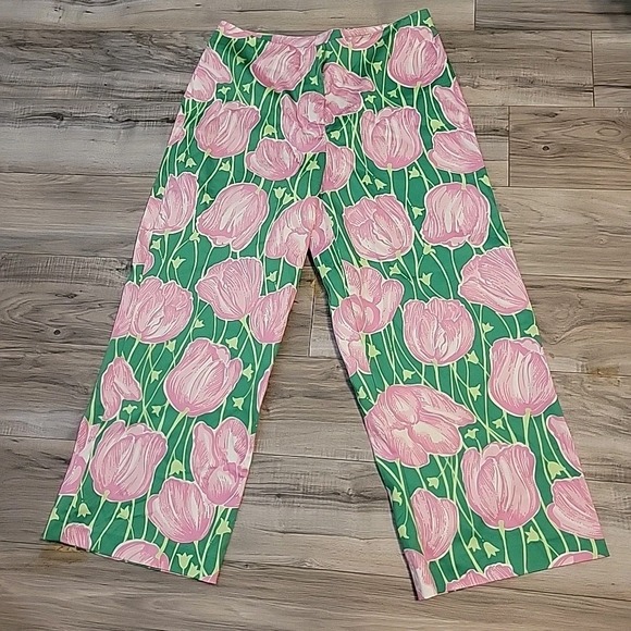 LILY PULITZER  Palazzo Pants Flare Leg  Tulip Floral Pink Green Womens Size 14 - Picture 1 of 10